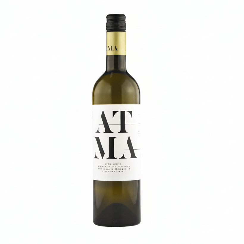 A bottle of ATMA white wine with minimalist label design, predominantly white with black text and accents.